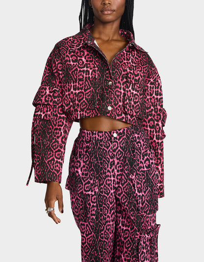 Betsey Johnson Sale | YUKI CROPPED JACKET PINK Women's Cargo Leopard Long-Sleeved Denim Jacket