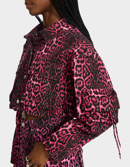 Betsey Johnson Sale | YUKI CROPPED JACKET PINK Women's Cargo Leopard Long-Sleeved Denim Jacket