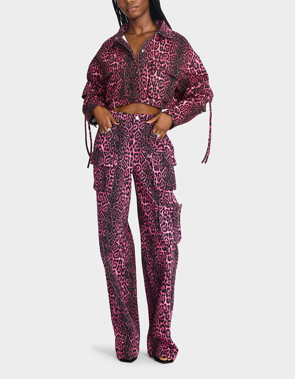 Betsey Johnson Sale | YUKI CROPPED JACKET PINK Women's Cargo Leopard Long-Sleeved Denim Jacket