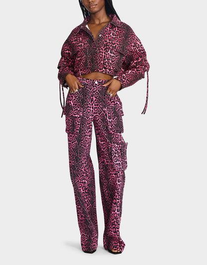 Betsey Johnson Sale | YUKI CROPPED JACKET PINK Women's Cargo Leopard Long-Sleeved Denim Jacket
