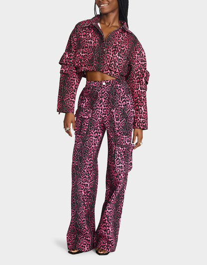 Betsey Johnson Sale | YUKI CROPPED JACKET PINK Women's Cargo Leopard Long-Sleeved Denim Jacket
