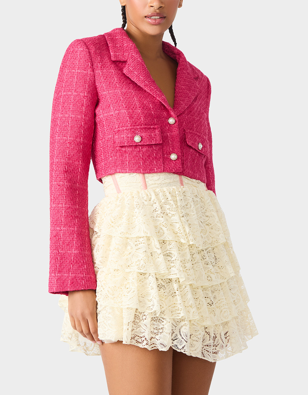 Betsey Johnson Great Value | TWEED CROPPED BLAZER HOT PINK Women"s Long-Sleeved Cropped Button-Up Jacket