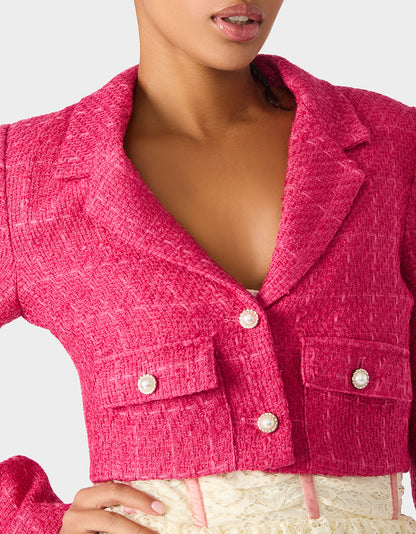Betsey Johnson Great Value | TWEED CROPPED BLAZER HOT PINK Women"s Long-Sleeved Cropped Button-Up Jacket