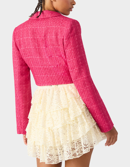Betsey Johnson Great Value | TWEED CROPPED BLAZER HOT PINK Women"s Long-Sleeved Cropped Button-Up Jacket