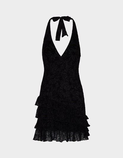 Betsey Johnson Discount | DARK DAHLIA DRESS BLACK Women's Halter Ruffle Mini Dress Black