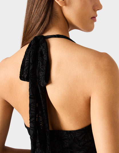 Betsey Johnson Discount | DARK DAHLIA DRESS BLACK Women's Halter Ruffle Mini Dress Black