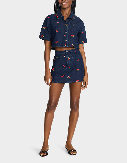 Betsey Johnson Quality | CHERRY ON TOP SHIRT DENIM Women's Button-Up Denim Top
