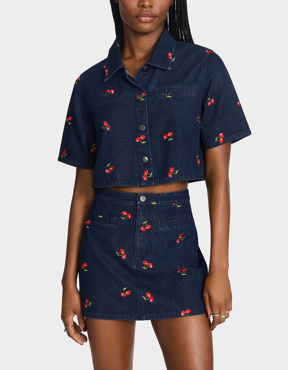 Betsey Johnson Quality | CHERRY ON TOP SHIRT DENIM Women's Button-Up Denim Top