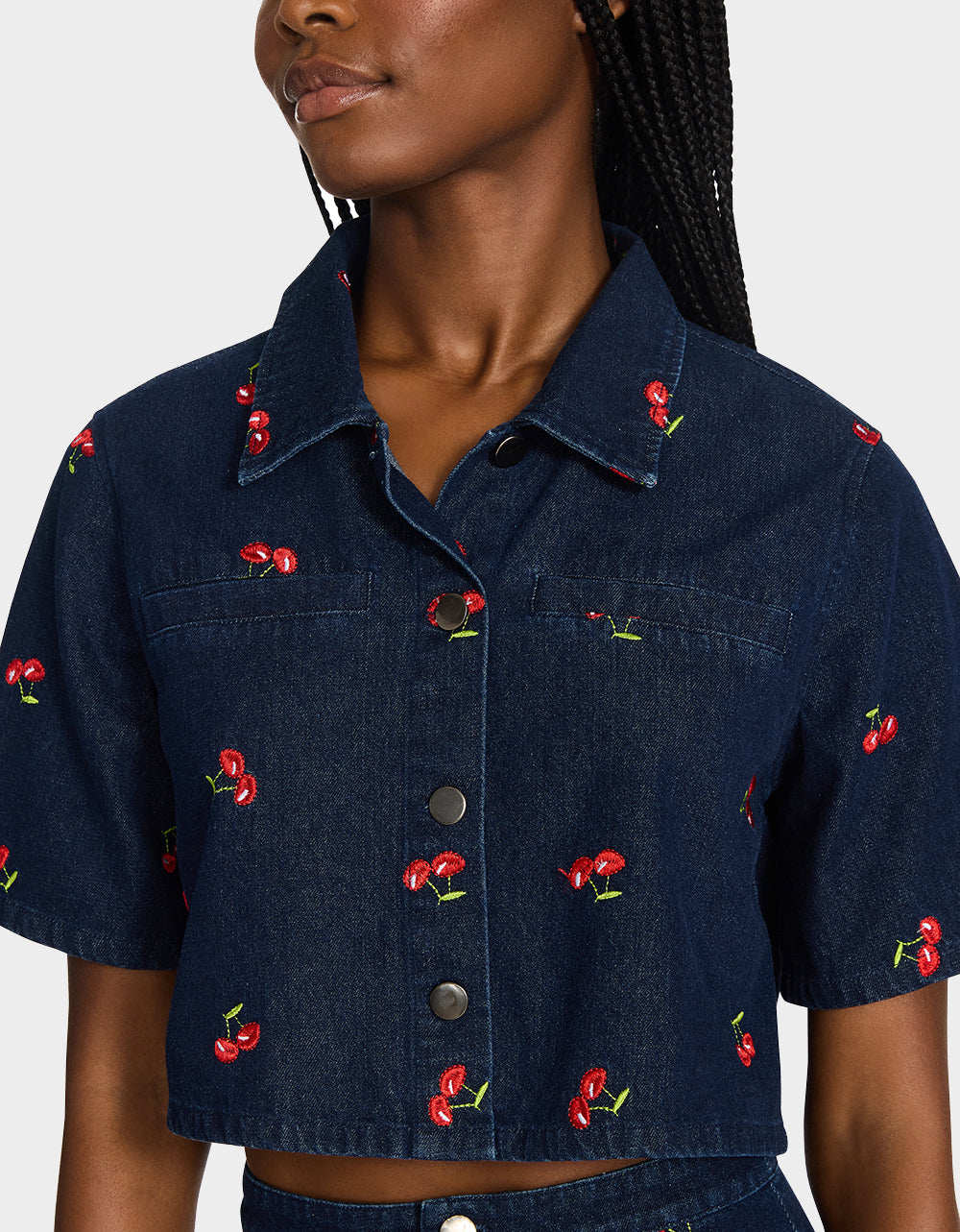 Betsey Johnson Quality | CHERRY ON TOP SHIRT DENIM Women's Button-Up Denim Top