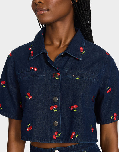 Betsey Johnson Quality | CHERRY ON TOP SHIRT DENIM Women's Button-Up Denim Top