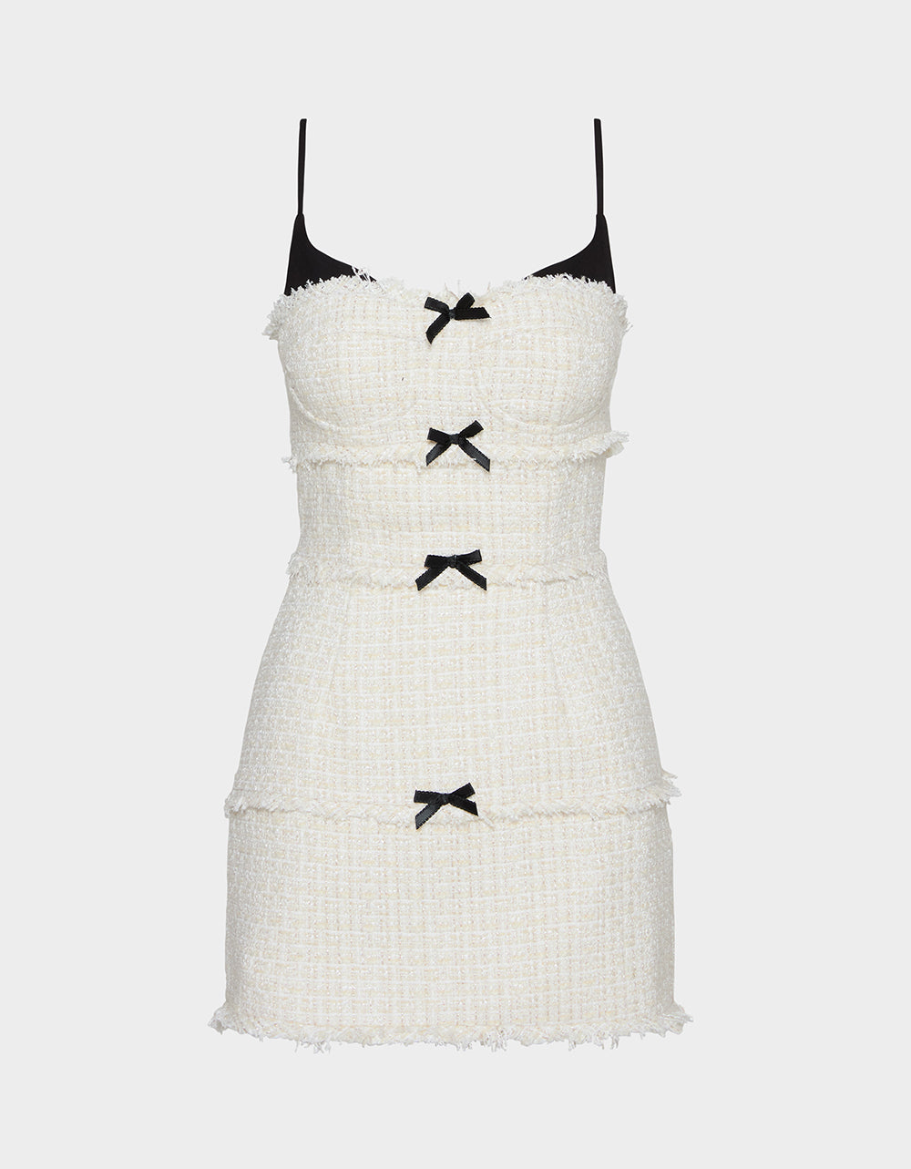 Betsey Johnson Special Offer | TWEED COMBO DRESS OFF WHITE Women's Tweed Bow Mini Dress