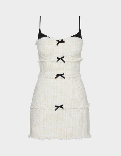 Betsey Johnson Special Offer | TWEED COMBO DRESS OFF WHITE Women's Tweed Bow Mini Dress