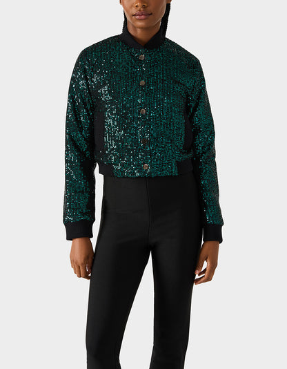 Betsey Johnson Trusted | GLITTERATI BOMBER JACKET EMERALD GREEN Women's Green Sequin Bomber Jacket