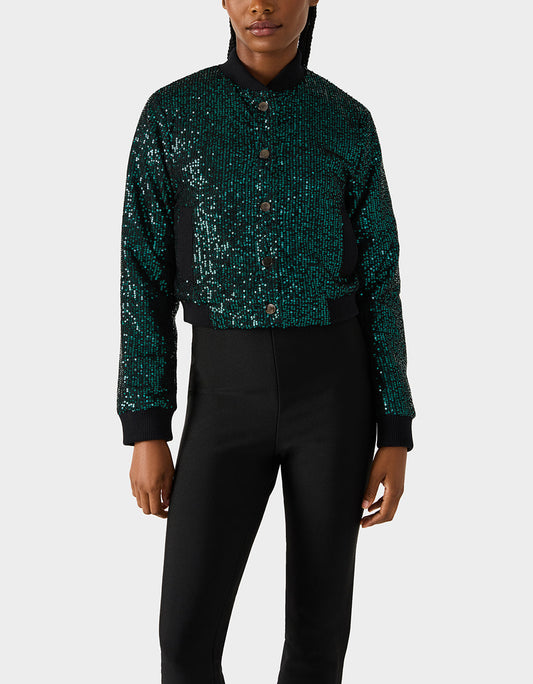 Betsey Johnson Trusted | GLITTERATI BOMBER JACKET EMERALD GREEN Women's Green Sequin Bomber Jacket