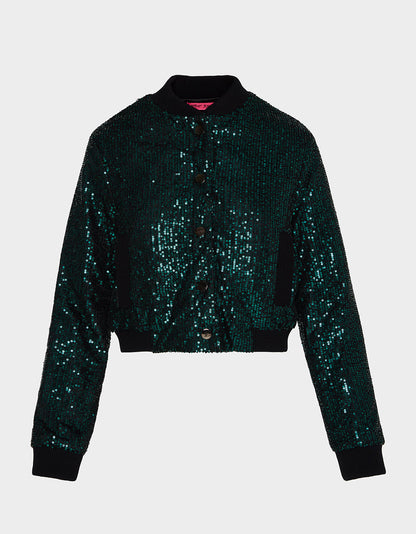 Betsey Johnson Trusted | GLITTERATI BOMBER JACKET EMERALD GREEN Women's Green Sequin Bomber Jacket