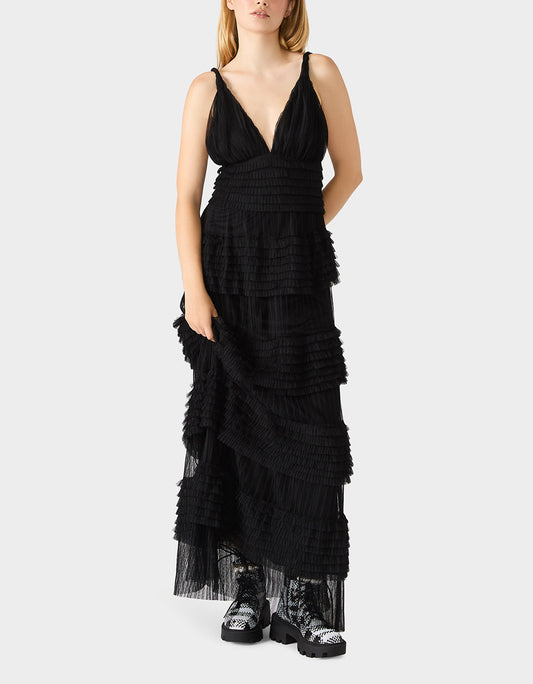 Betsey Johnson Special Offer | TIERED TULLE GOWN BLACK Women's Maxi Tulle Dress