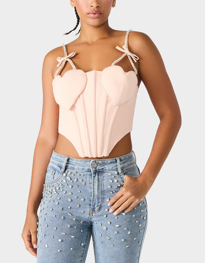 Betsey Johnson Smart Buy | HEART BUSTIER BLUSH Women's Bustier Cropped Corset Bow Top