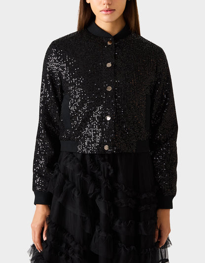 Betsey Johnson Sale | GLITTERATI BOMBER JACKET BLACK SEQUIN Women's Black Sequin Bomber Jacket