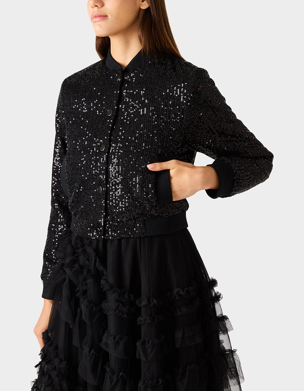 Betsey Johnson Sale | GLITTERATI BOMBER JACKET BLACK SEQUIN Women's Black Sequin Bomber Jacket