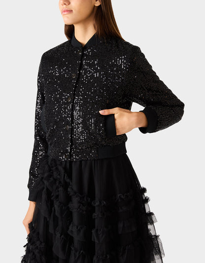 Betsey Johnson Sale | GLITTERATI BOMBER JACKET BLACK SEQUIN Women's Black Sequin Bomber Jacket