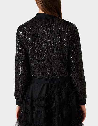 Betsey Johnson Sale | GLITTERATI BOMBER JACKET BLACK SEQUIN Women's Black Sequin Bomber Jacket