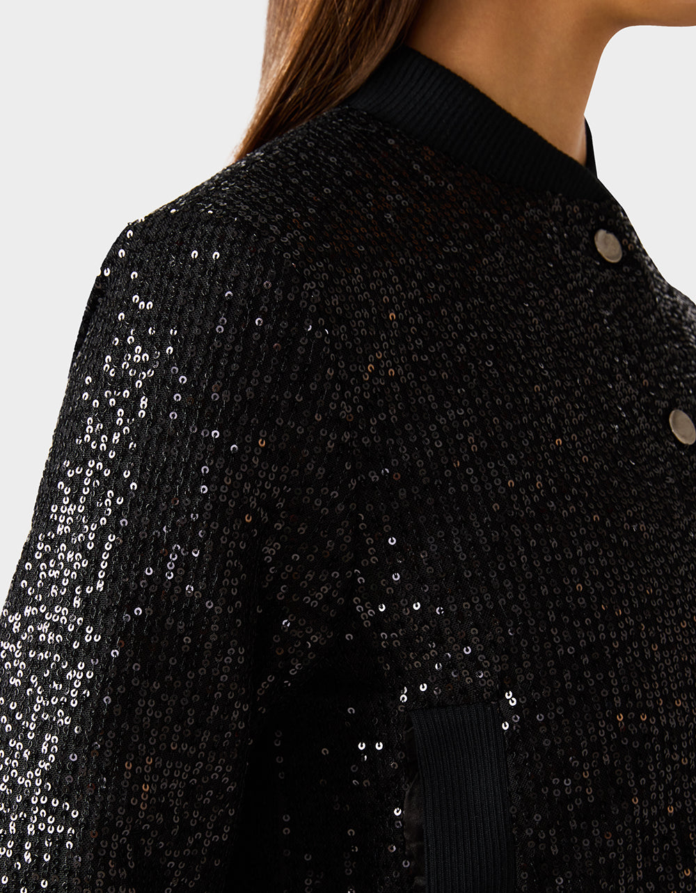 Betsey Johnson Sale | GLITTERATI BOMBER JACKET BLACK SEQUIN Women's Black Sequin Bomber Jacket