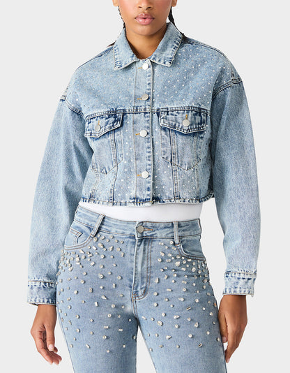 Betsey Johnson Discount | SPARKLE DENIM JACKET Women's Long-Sleeved Denim Rhinestone Jacket