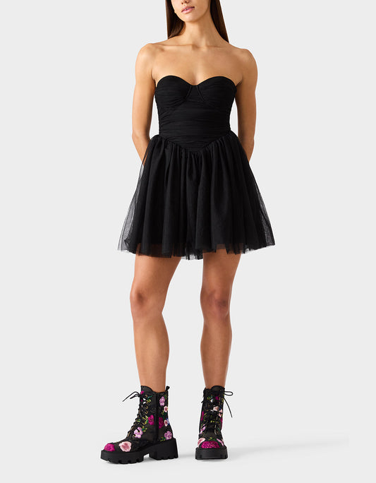 Betsey Johnson Hot Sale | TULLE TWIRL DRESS BLACK Women's Black Strapless Tulle Mini Dress
