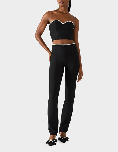 Betsey Johnson Special Offer | JEWELED SET BLACK Women's Black Crop Top and Pant Rhinestone Set