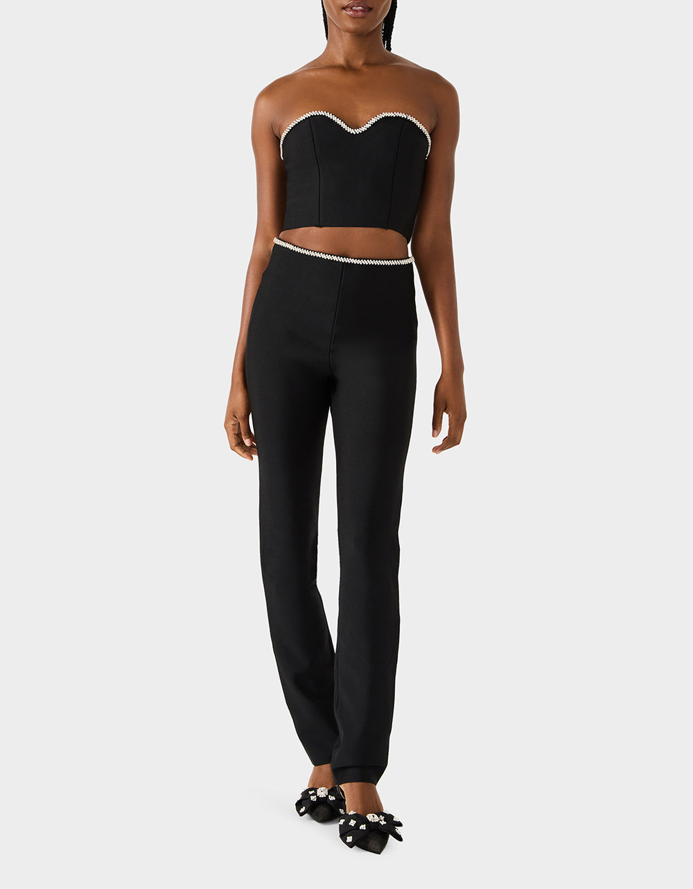 Betsey Johnson Special Offer | JEWELED SET BLACK Women's Black Crop Top and Pant Rhinestone Set