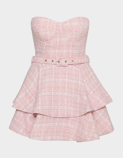 Betsey Johnson Premium | BELTED TWEED DRESS POWDER PINK Women's Strapless Croset Dress