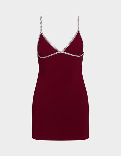 Betsey Johnson New | CRYSTAL SLIP DRESS WINE Women's Burgundy Wine Mini Dress with Rhinestone Details