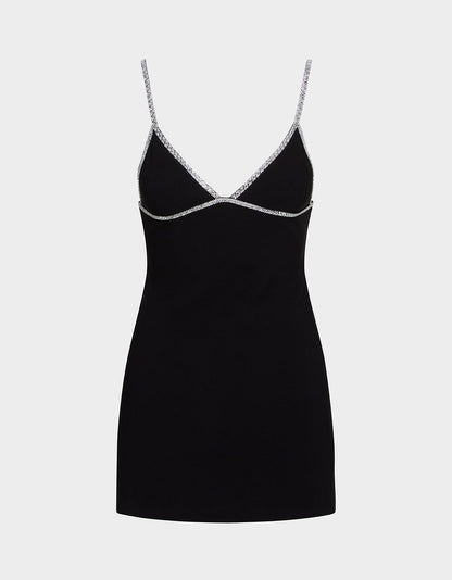 Betsey Johnson Top Pick | CRYSTAL SLIP DRESS BLACK Women's Black Mini Dress with Rhinestone Details