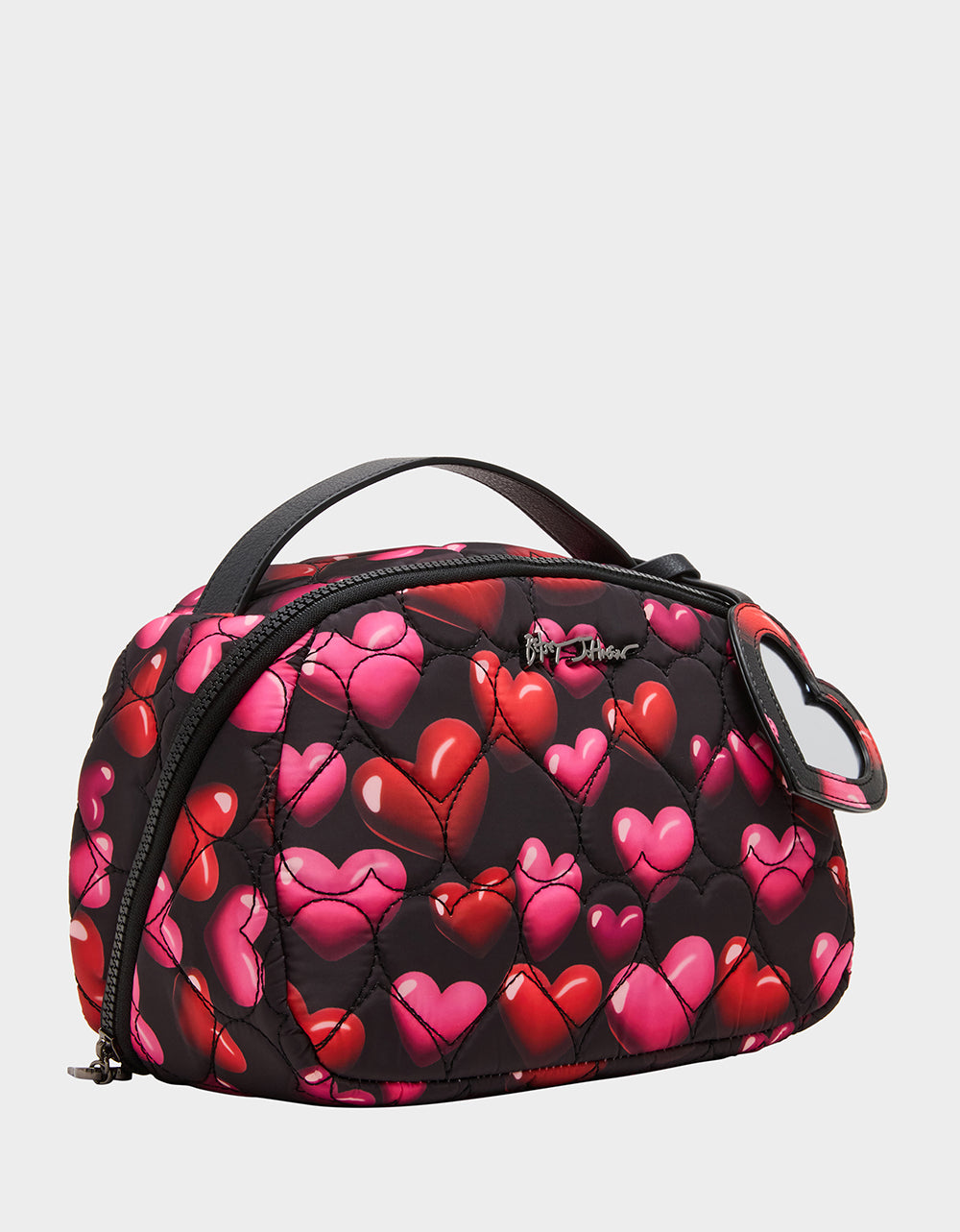 Betsey Johnson Quality | LOAF COSMETIC CASE WITH MIRROR BLACK/MULTI Women's Heart Print Travel Cosmetic Case