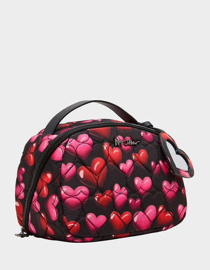 Betsey Johnson Quality | LOAF COSMETIC CASE WITH MIRROR BLACK/MULTI Women's Heart Print Travel Cosmetic Case