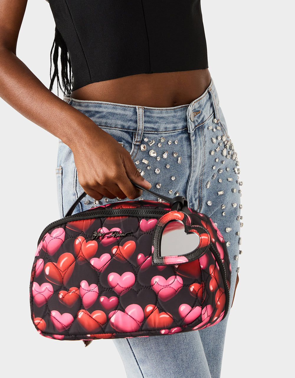 Betsey Johnson Quality | LOAF COSMETIC CASE WITH MIRROR BLACK/MULTI Women's Heart Print Travel Cosmetic Case