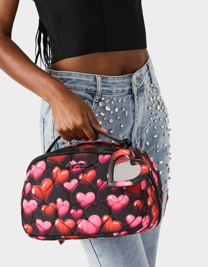 Betsey Johnson Quality | LOAF COSMETIC CASE WITH MIRROR BLACK/MULTI Women's Heart Print Travel Cosmetic Case