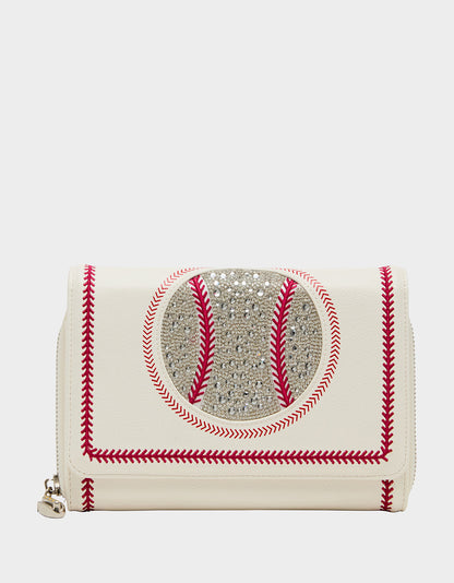 Betsey Johnson New | GRAND SLAM WALLET ON CHAIN CREAM Women's Baseball-Themed Rhinestone Embellished Wallet on Chain Crossbody Handbag