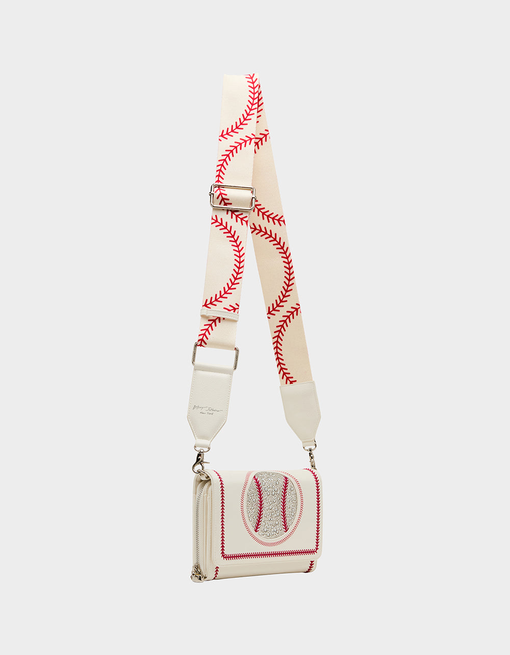 Betsey Johnson New | GRAND SLAM WALLET ON CHAIN CREAM Women's Baseball-Themed Rhinestone Embellished Wallet on Chain Crossbody Handbag