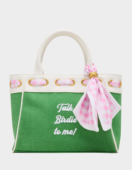 Betsey Johnson Special Offer | TALK BIRDIE TO ME SATCHEL GREEN Golf-Themed Scarf Detail Women's Satchel Handbag