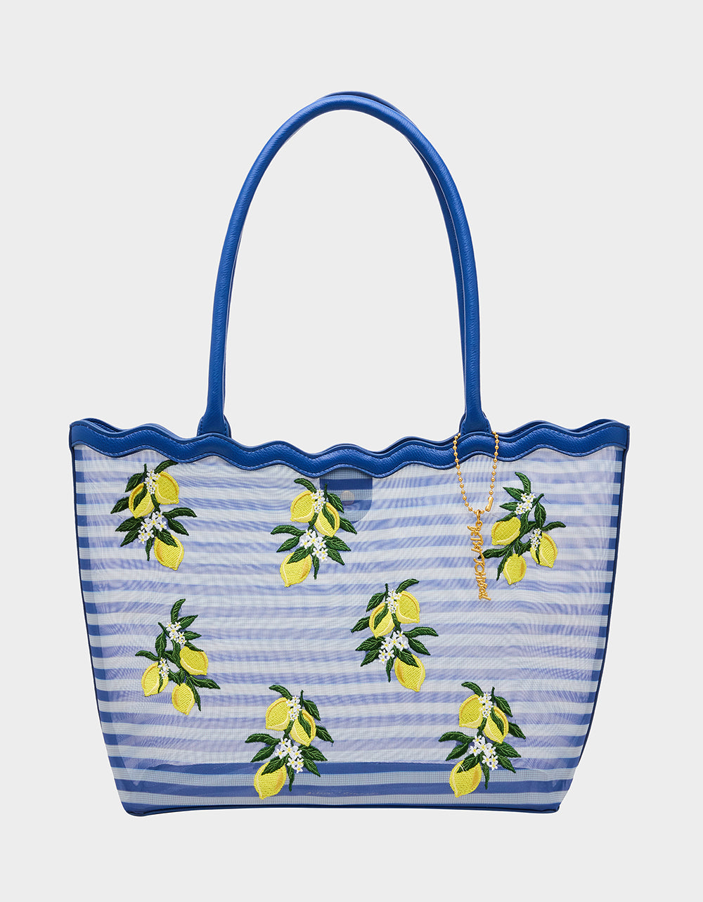 Betsey Johnson Great Value | MESHIN AROUND TOTE BLUE/STRIPE Lemon Embroidered Mesh Women's Tote Handbag