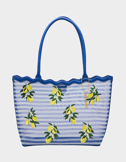 Betsey Johnson Great Value | MESHIN AROUND TOTE BLUE/STRIPE Lemon Embroidered Mesh Women's Tote Handbag
