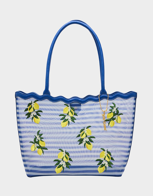 Betsey Johnson Great Value | MESHIN AROUND TOTE BLUE/STRIPE Lemon Embroidered Mesh Women's Tote Handbag