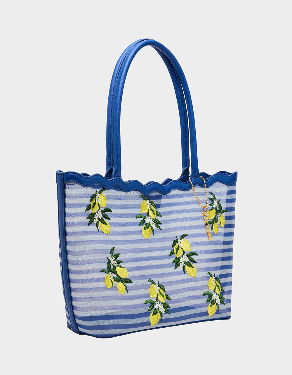 Betsey Johnson Great Value | MESHIN AROUND TOTE BLUE/STRIPE Lemon Embroidered Mesh Women's Tote Handbag