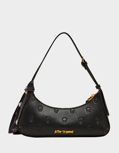 Betsey Johnson Exclusive | GET AHEAD SHOULDER BAG BLACK Black Skull Pink Shoulder Bag With Scarf