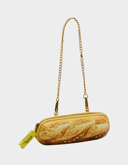 Betsey Johnson Classic | KITSCH BAGUETTE ABOUT IT SHOULDER BAG TAN Women's Kitsch Baguette Bread Shoulder Rhinestone Embellished Handbag