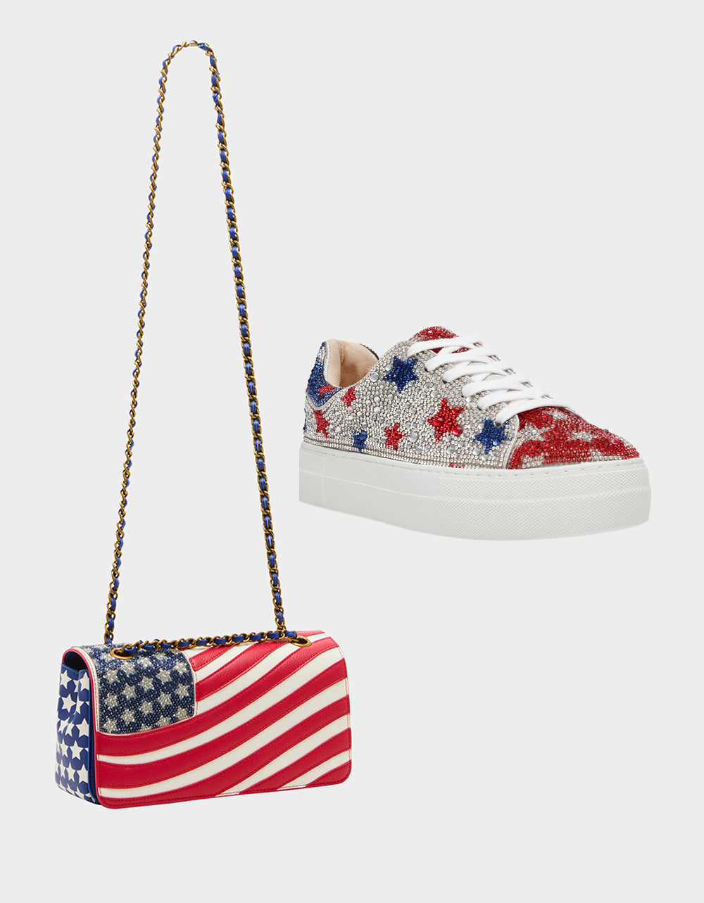 Betsey Johnson Great Value | AMERICANA BUNDLE Women's Red White Blue USA Star Sneakers and American Flag Handbag Bundle