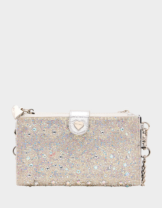 Betsey Johnson Hot Sale | WALLET ON CHAIN PHONE HOLDER SILVER Women's Rhinestone Embellished Wallet