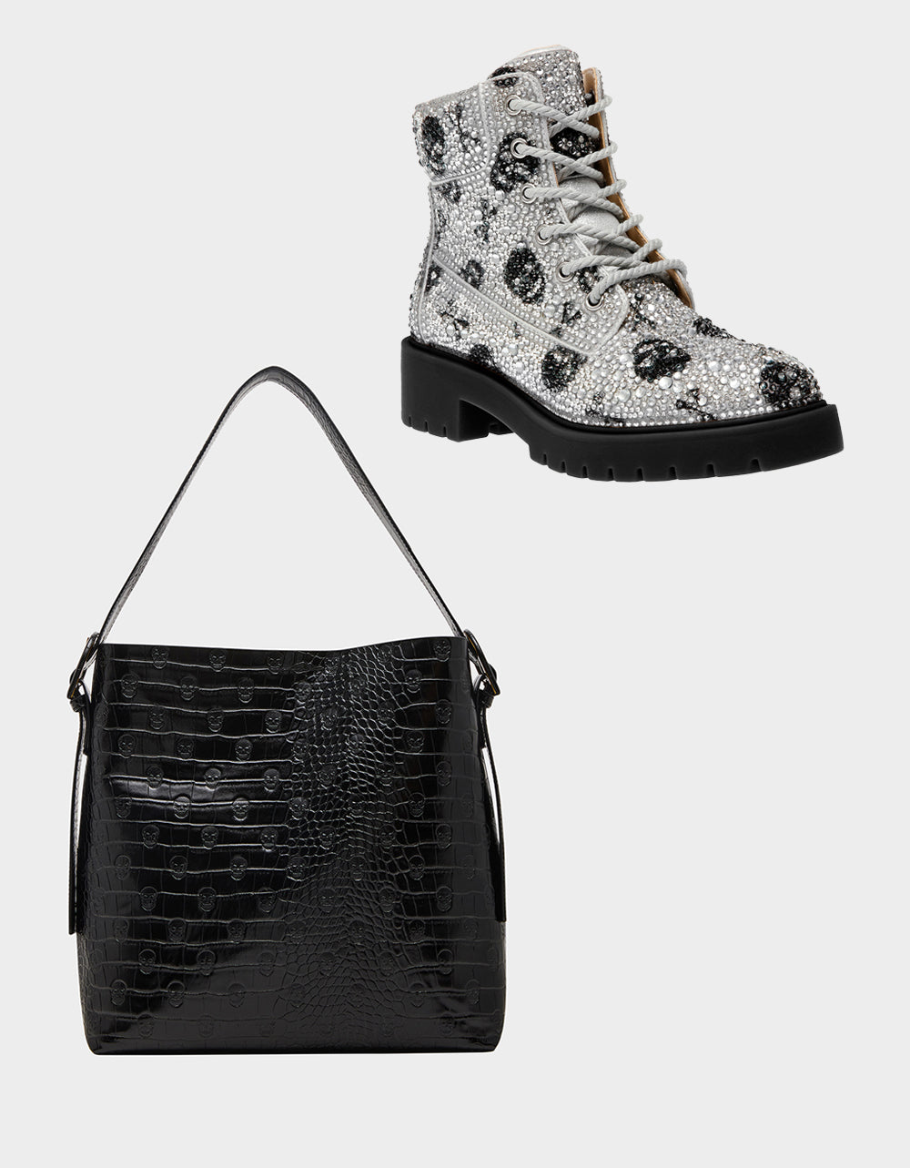 Betsey Johnson Deals | THE GOTH GIRL HOLIDAY BUNDLE Women's Rhinestone Skull Combat Boots and Black Bucket Handbag