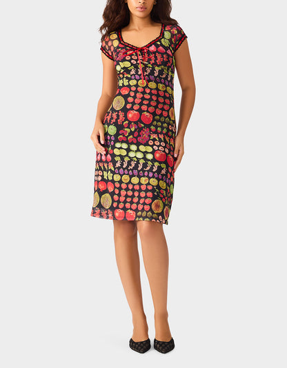 Betsey Johnson Quality | BETSEY'S FRUIT DRESS BLACK MULTI Women's Fruit Print Short-Sleeved Slip Dress